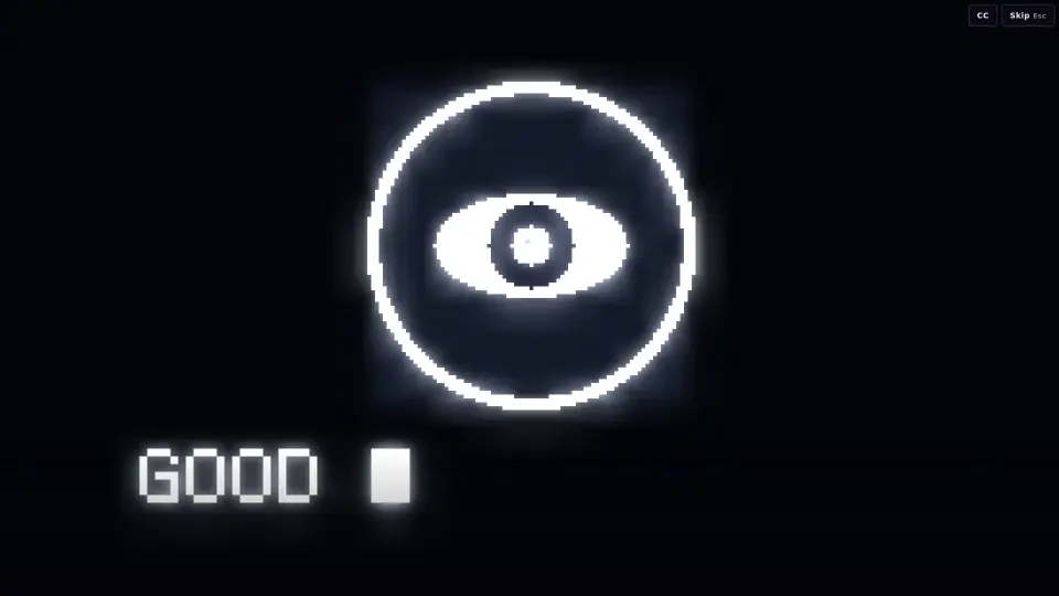 A white ring with one eye fills a dark screen