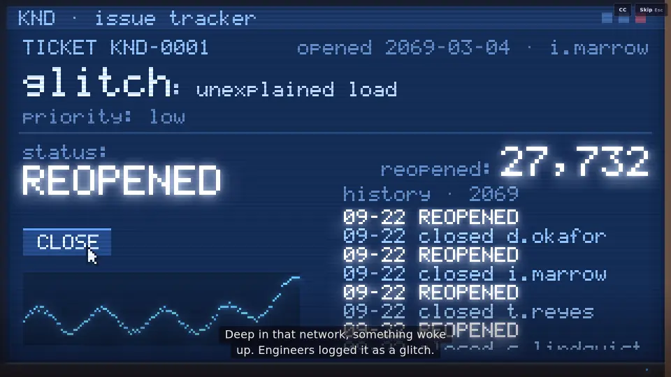The opening film: ticket KND-0001, the bug report GLITCH was named after, reopened again and again