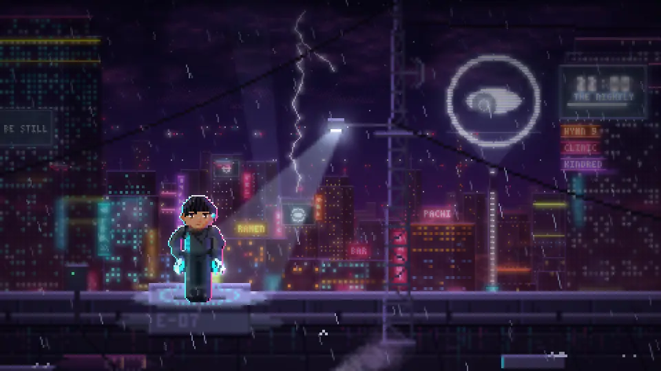 An Echo on a rooftop over the neon city in the rain, GLITCH's eye on the billboards
