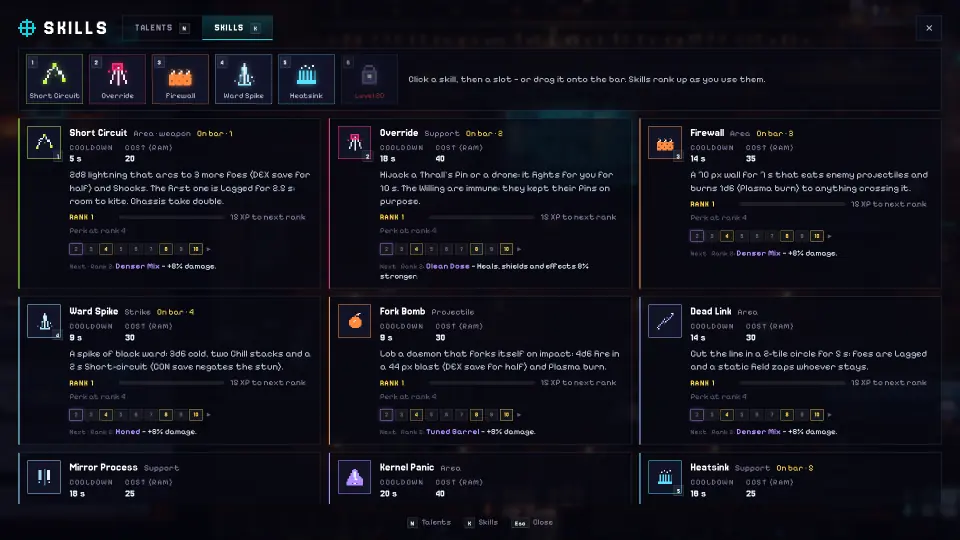 The skill book: a Wirecaster's skills with cooldowns, costs and rank pips