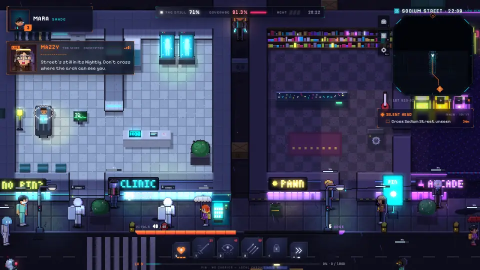 Sodium Street at 22:08: the clinic, the pawn shop and Wardens on patrol, with Mazzy on the radio