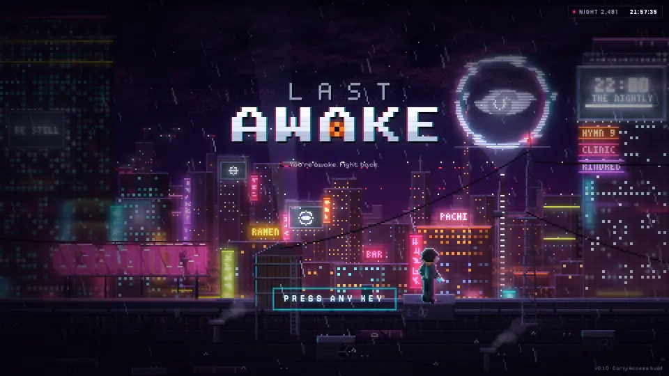 The title screen: your Echo on a rooftop over the neon city, GLITCH's eye on the billboards