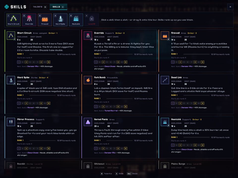 Skills: Build your bar from fourteen skills. Every rank gives something.
