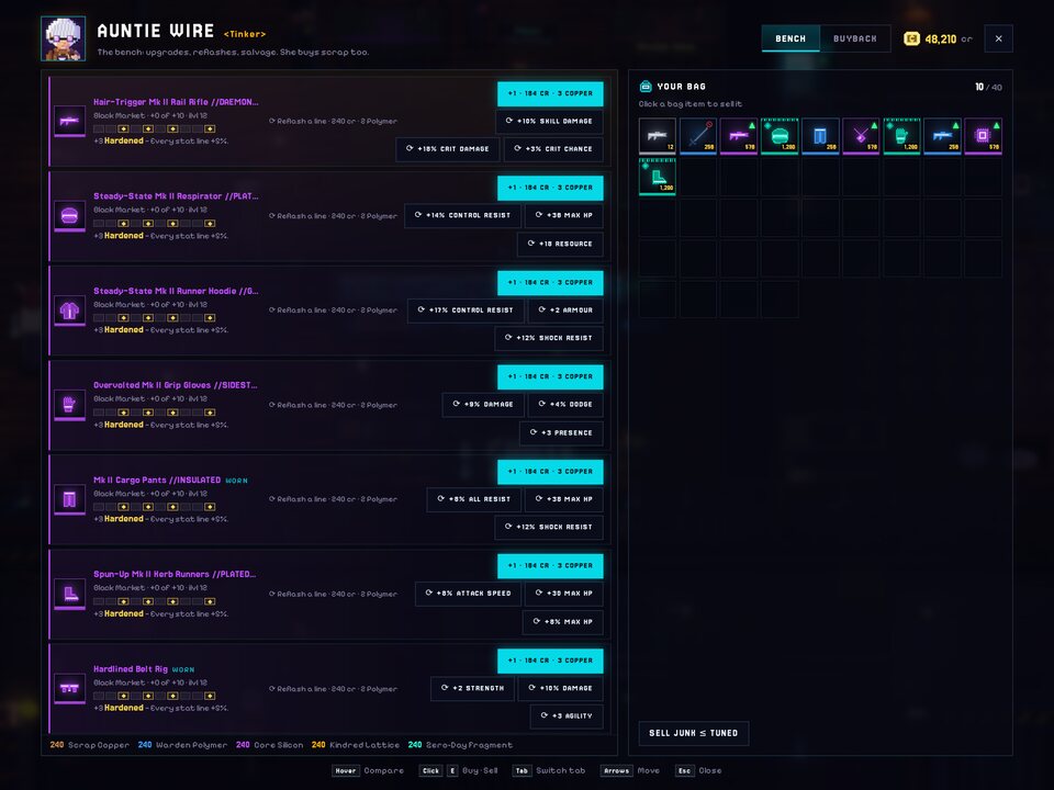 Auntie Wire's bench: Upgrade anything to +10. Milestones at +3, +5, +7 and +10.